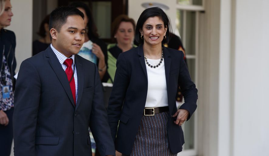 Seema Verma, administrator of the Centers for Medicare and Medicaid Services, walks to speak with reporters outside the White House in Washington, Thursday, April 13, 2017, after President Donald Trump signed H.J. Res. 43, which allows states to withhold federal funds from facilities that provide abortion services. (AP Photo/Evan Vucci) ** FILE **