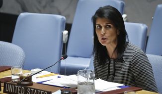 United Nations U.S. Ambassador Nikki Haley address the Security Council after a vote on a resolution condemning Syria&#x27;s use of chemical weapons failed, in this Wednesday, April 12, 2017, file photo at U.N. headquarters. (AP Photo/Bebeto Matthews) ** FILE **