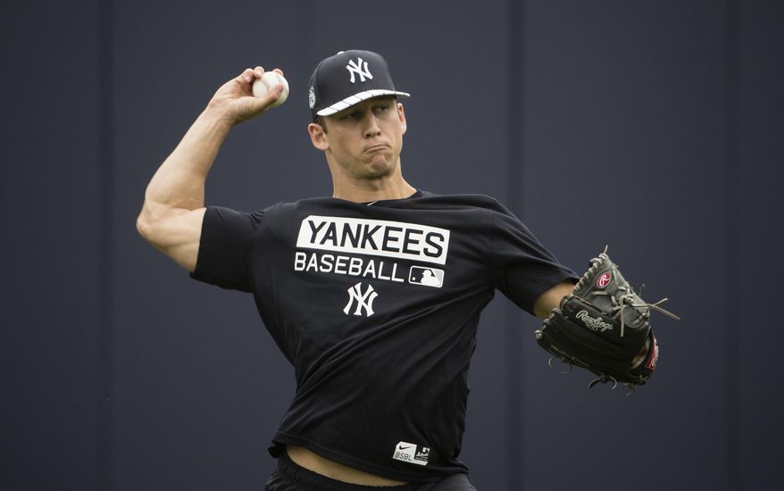 FILE - In this Feb. 14, 2017, file photo, New York Yankees James Kaprielian throws during a spring training baseball workout in Tampa, Fla. Top Yankees pitching prospect James Kaprielian will have Tommy John surgery next week and be sidelined until 2018. The team&#39;s announcement Thursday, April 13, 2017, didn&#39;t give details of the ligament damage. He&#39;ll have surgery on Tuesday. (AP Photo/Matt Rourke, File)