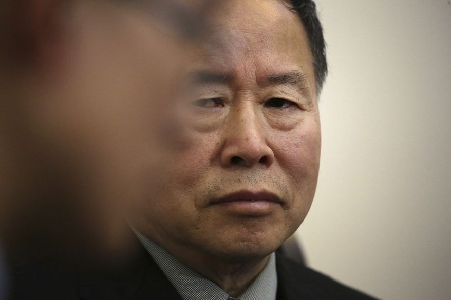 Han Song Ryol, North Korea's vice foreign minister, listens to a translator during an interview with The Associated Press on Friday, April 14, 2017, in Pyongyang, North Korea. Han Song Ryol said the situation on the Korean Peninsula is now in a "vicious cycle." (AP Photo/Wong Maye-E)