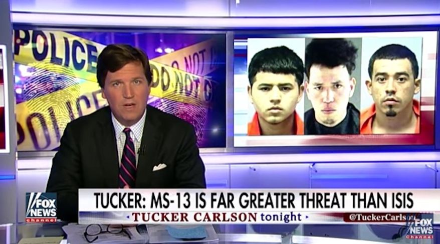 Fox News host Tucker Carlson made the argument Thursday night that the MS-13 criminal gang that has wreaked havoc on inner cities across the country poses "a far greater threat" to Americans than the Islamic State terrorist group. (Fox News)