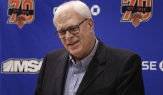 New York Knicks president Phil Jackson answers questions during a news conference at the team&#39;s training facility, Friday, April 14, 2017, in Greenburgh, N.Y. (AP Photo/Julie Jacobson)