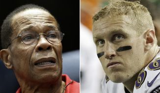 FILE - At left, in a Jan. 30, 2016, file photo, Baseball Hall of Famer and former Minnesota Twins player Rod Carew speaks to fans about his recent heart attack, in Minneapolis. At right, in a Sept. 3, 2015, file photo, Baltimore Ravens tight end Konrad Reuland sits on the bench during the second half of an NFL football preseason game against the Atlanta Falcons, in Atlanta. Rod Carew received a new heart and kidney from the late NFL player Konrad Reuland in what is believed to be the first such transplant involving pro athletes. (AP Photo/File)
