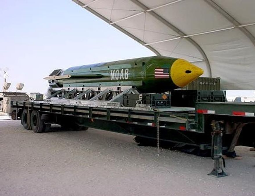 This undated photo provided by Eglin Air Force Base shows a GBU-43B, or massive ordnance air blast weapon, the U.S. military's largest non-nuclear bomb, which contains 11 tons of explosives. The Pentagon said U.S. forces in Afghanistan dropped a GBU-43B on an Islamic State target in Afghanistan on Thursday, April 13, 2017, in what a Pentagon spokesman said was the first-ever combat use of the bomb. (Eglin Air Force Base via AP)