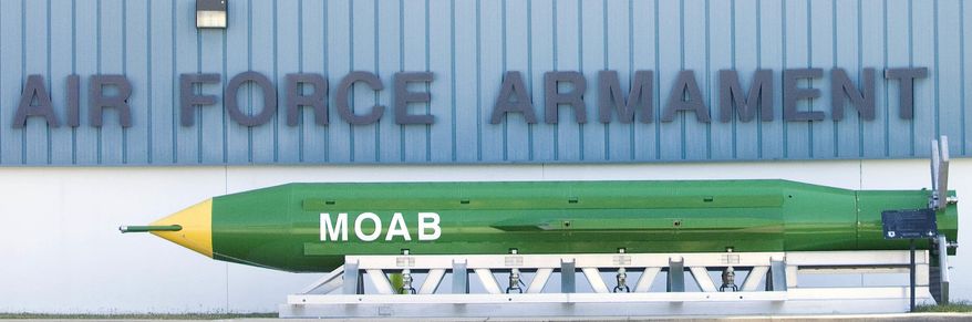 This May 2004 photo shows a GBU-43B, or massive ordnance air blast (MOAB) weapon, on display at the Air Force Armament Museum on Eglin Air Force Base near Valparaiso, Fla. U.S. forces in Afghanistan struck an Islamic State tunnel complex in eastern Afghanistan on Thursday, April 13, 2017, with a GBU-43B, the largest non-nuclear weapon ever used in combat by the U.S. military, Pentagon officials said. (Northwest Florida Daily News via AP)