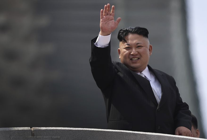 North Korean leader Kim Jong Un waves during a military parade on Saturday, April 15, 2017, in Pyongyang, North Korea to celebrate the 105th birth anniversary of Kim Il Sung, the country&#39;s late founder and grandfather of current ruler Kim Jong Un. (AP Photo/Wong Maye-E)