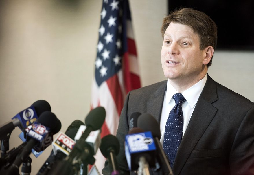 Special Agent in Charge Justin Tolomeo of the FBI's Milwaukee office speaks to reporters about the capture of Joseph Jakubowski on Friday, April 14, 2017, at the Southern Wisconsin Regional Airport in Janesville, Wis. The fugitive, accused of stealing an arsenal of firearms and sending an anti-government manifesto to the White House, was arrested Friday after a retired school counselor found Jakubowski camping on his property and calmly talked to him before calling authorities. (Angela Major/The Janesville Gazette via AP)