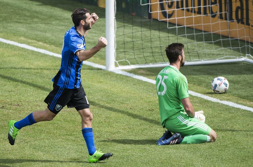 Montreal Impact's Iganacio Piatti reacts after scoring a penalty against Atlanta United's goalkeeper Alec Kann during first half of an MLS soccer game in Montreal, Saturday, April 15, 2017. (Graham Hughes/The Canadian Press via AP)