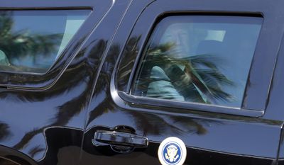 President Donald Trump and first lady Melania Trump depart after Easter services at the Episcopal Church of Bethesda-by-the-Sea, Sunday, April 16, 2017, in Palm Beach, Fla. (AP Photo/Alex Brandon)