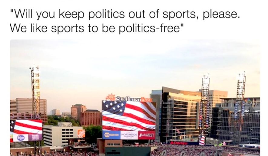 NBC Sports writer Craig Calcaterra wrote on Sunday, April 16, 2017, that he did not want the American flag used at baseball games. &quot;Will you keep politics out of sports, please. We like sports to be politics-free,&quot; he Tweeted with a picture of a giant flag unfurled before a Major League Baseball game. (Twitter, Craig Calcaterra)