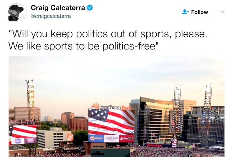 NBC Sports writer Craig Calcaterra wrote on Sunday, April 16, 2017, that he did not want the American flag used at baseball games. "Will you keep politics out of sports, please. We like sports to be politics-free," he Tweeted with a picture of a giant flag unfurled before a Major League Baseball game. (Twitter, Craig Calcaterra)