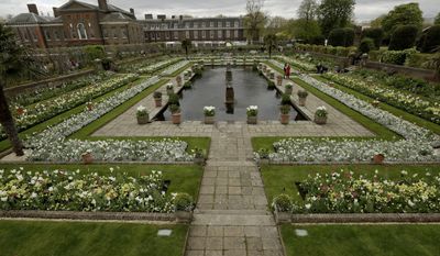 An overview shows The White Garden, a new memorial garden which marks 20 years since the death of Britain&#x27;s Princess Diana, at Kensington Palace in London, Thursday, April 13, 2017. Kensington Palace was the home of Princess Diana for 15 years and is now a residence for her two sons Prince Harry and Prince William, with his wife Kate and their two children George and Charlotte. (AP Photo/Matt Dunham)