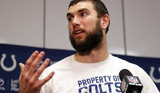 FILE - In this Dec. 18, 2016, file photo, Indianapolis Colts quarterback Andrew Luck speaks to the media following an NFL football game against the Minnesota Vikings, in Minneapolis. Luck isn’t sure when he’ll start throwing again and won’t set a timetable for his return from shoulder surgery. Players and coaches held their first official team activities Monday, April 17, 2017,  at the team complex, and for the first time Luck acknowledged that his injury problems began during a Week 3 contest at Tennessee in 2015.(AP Photo/Andy Clayton-King, File)
