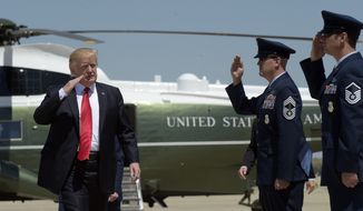 President Donald Trump salutes before boarding Air Force One at Andrews Air Force Base in Md., Tuesday, April 18, 2017. Trump is heading to Kenosha, Wis., to visit the headquarters of tool manufacturer Snap-on Inc., and sign a an executive order that seeks to make changes to a visa program that brings in high-skilled workers. (AP Photo/Susan Walsh)