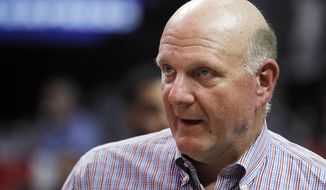 FILE - In this Thursday, March 24, 2016, file photo, Los Angeles Clippers owner Steve Ballmer walks the sidelines prior to an NBA basketball game against the Portland Trail Blazers in Los Angeles. Former Microsoft CEO Ballmer announced Tuesday, April 18, 2017, that he has created a new organization to analyze government spending and revenue to make it easier to understand. He says he created USAFacts because he was frustrated he couldn&#x27;t find a single source that combined all the relevant state and federal numbers. (AP Photo/Alex Gallardo, File)