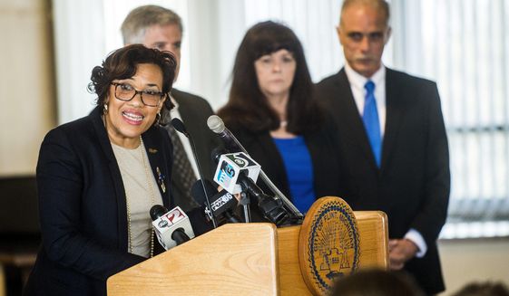 Flint Mayor Karen Weaver speaks during a press conference, Tuesday, April 18, 2017, at City Hall in Flint, Mich., where Weaver officially recommended that the city remain a long-term customer of what was the Detroit water system and abandon an effort to treat its own raw water again. (Jake May/The Flint Journal-MLive.com via AP)