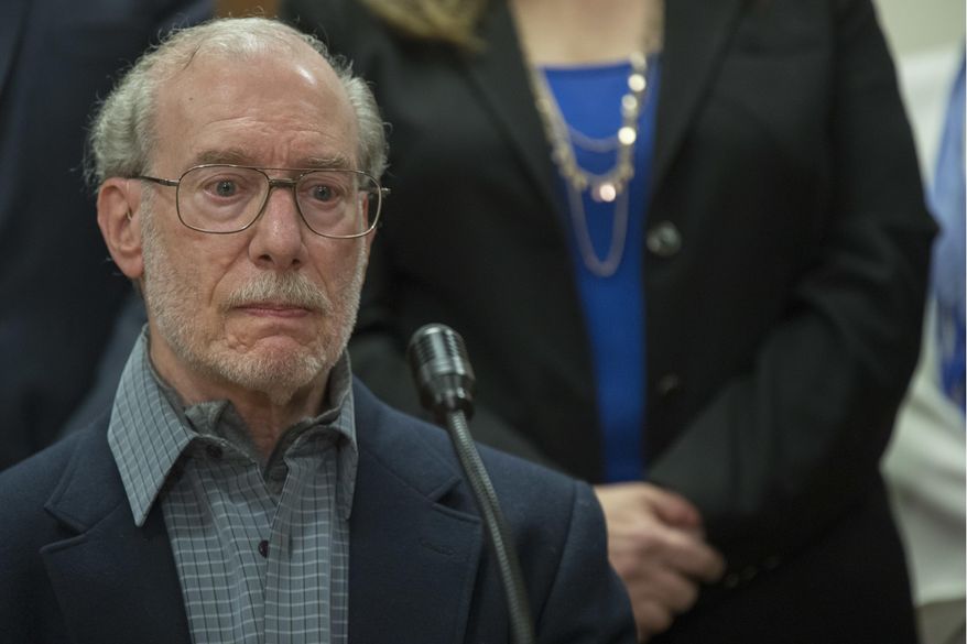 Stan Patz, father of 6-year-old Etan Patz, speaks to reporters after Pedro Hernandez, the man convicted of killing 6-year-old Etan Patz, one of America's most notorious missing-child cases, was sentenced at Manhattan Supreme Court, in New York, Tuesday, April 18, 2017. (AP Photo/Mary Altaffer)