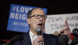 Democratic National Committee (DNC) Chairman Tom Perez speaks at a protest against President Donald Trump&#39;s new travel ban order in Lafayette Square outside the White House, in Washington, in this Monday, March 6, 2017, file photo. (AP Photo/Andrew Harnik, File) ** FILE **