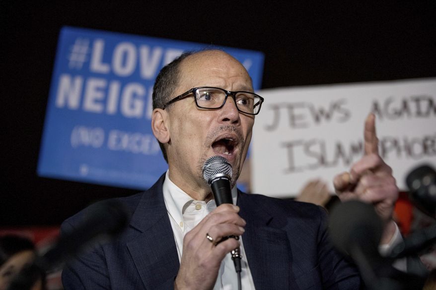Democratic National Committee (DNC) Chairman Tom Perez speaks at a protest against President Donald Trump's new travel ban order in Lafayette Square outside the White House, in Washington, in this Monday, March 6, 2017, file photo. (AP Photo/Andrew Harnik, File) ** FILE **
