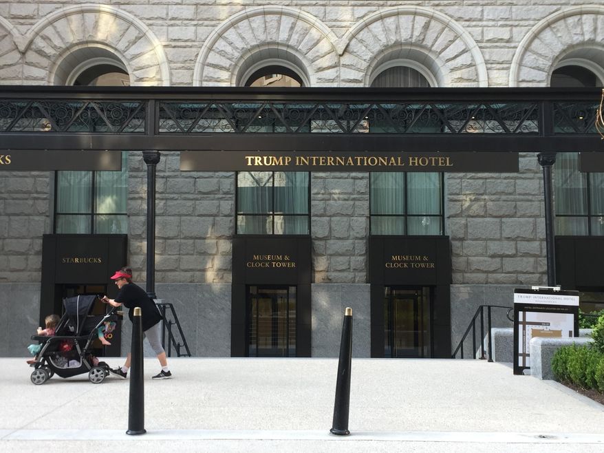 This April 13, 2017 image shows the entrance to the clock tower at the Old Post Office, a historic building in Washington D.C., where the Trump International Hotel is located. The clock tower is operated by the National Park Service and was recently reopened to the public for tours. (AP Photos/Beth J. Harpaz)