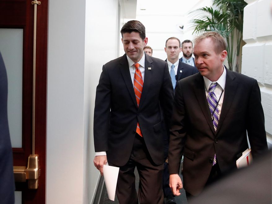 House Speaker Paul Ryan (left) and Budget Mick Mulvaney have until April 28 to pass a spending bill to keep the lights on. Budget negotiators have said they can reach a deal, but many of President Trump's top priorities and promises are on the chopping block. (Associated Press)