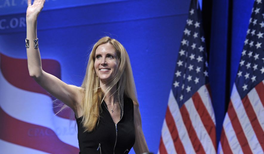 FILE - In this Feb. 12, 2011 file photo, Ann Coulter waves to the audience after speaking at the Conservative Political Action Conference (CPAC) in Washington. Coulter&#x27;s planned appearance at the University of California, Berkeley on April 27 has been canceled because of security concerns. UC Berkeley officials say they were unable to find &quot;a safe and suitable&quot; venue for the right-wing provocateur, whom campus Republicans had invited to speak. (AP Photo/Cliff Owen, File)