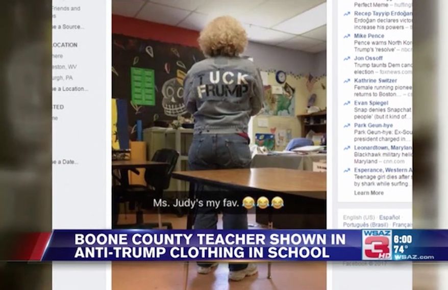 Cheryl Judy, an art teacher for Sherman Junior and Senior high schools in Boone County, West Virginia, is under fire after she was photographed by a student in class wearing a jacket with the words, "Tuck Frump," emblazoned on the back. (WSAZ)
