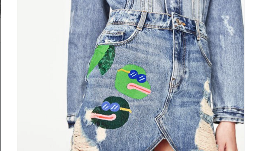 Depicted in this screenshot is tweet by freelance journalist Meagan Fredette that caused women&#39;s boutique ZARA to pull a denim skirt featuring images of Pepe the Frog, a once-inocuous cartoon meme tainted by association with alt-right internet trolls. (Twitter)
