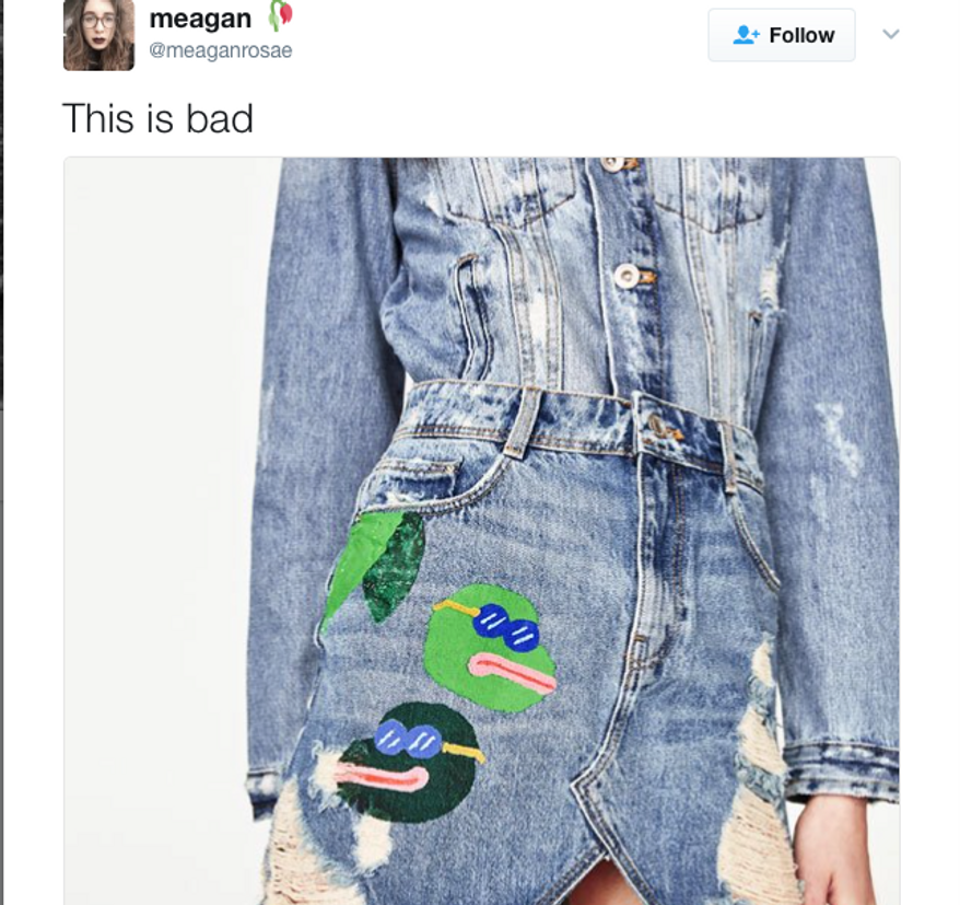 Depicted in this screenshot is tweet by freelance journalist Meagan Fredette that caused women&#39;s boutique ZARA to pull a denim skirt featuring images of Pepe the Frog, a once-inocuous cartoon meme tainted by association with alt-right internet trolls. (Twitter)