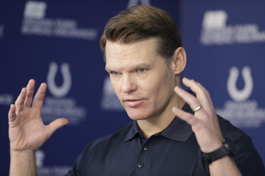 Indianapolis Colts general manager Chris Ballard speaks during a news conference Wednesday, April 19, 2017, in Indianapolis. (AP Photo/Darron Cummings)