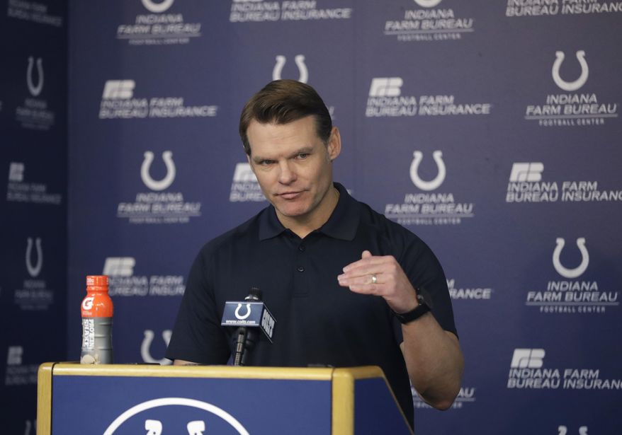 Indianapolis Colts general manager Chris Ballard speaks during a news conference Wednesday, April 19, 2017, in Indianapolis. (AP Photo/Darron Cummings)