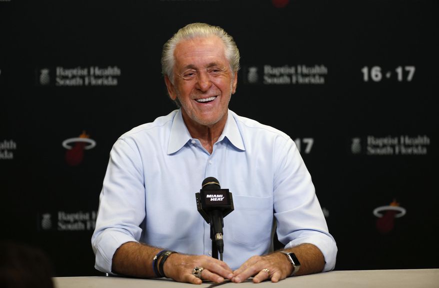 Miami Heat NBA basketball team president Pat Riley talks to the media during a season ending press conference in Miami, Wednesday, April 19, 2017. (David Santiago/El Nuevo Herald via AP)
