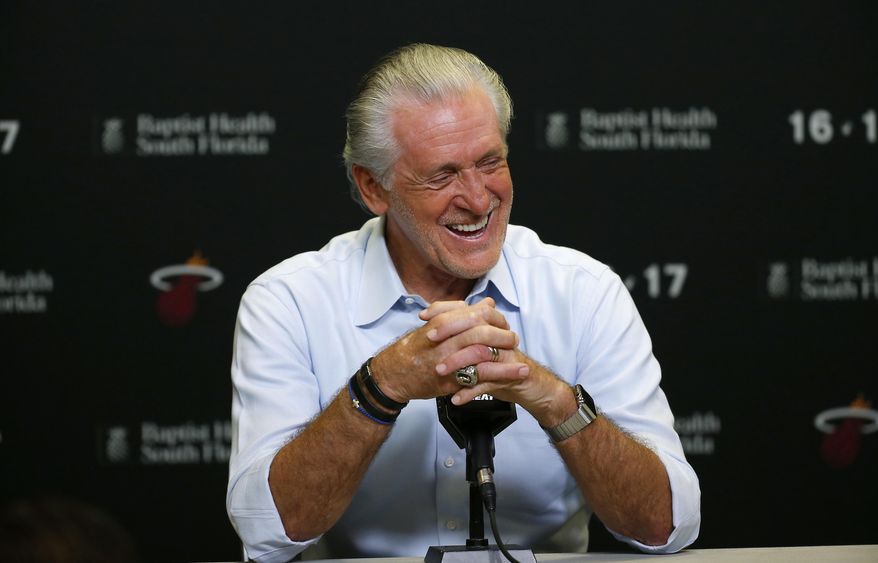 Miami Heat NBA basketball team president Pat Riley talks to the media during a season ending press conference in Miami, Wednesday, April 19, 2017. (David Santiago/El Nuevo Herald via AP)
