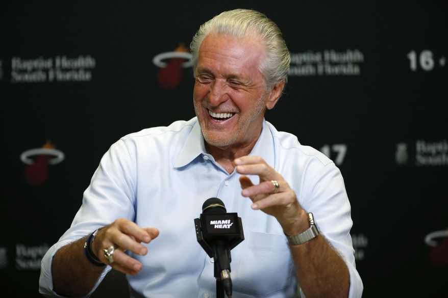Miami Heat NBA basketball team president Pat Riley talks to the media during a season ending press conference in Miami, Wednesday, April 19, 2017. (David Santiago/El Nuevo Herald via AP)
