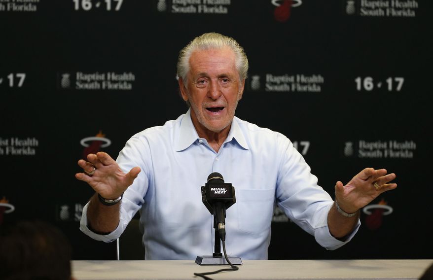 Miami Heat NBA basketball team president Pat Riley talks to the media during a season ending press conference in Miami, Wednesday, April 19, 2017. (David Santiago/El Nuevo Herald via AP)