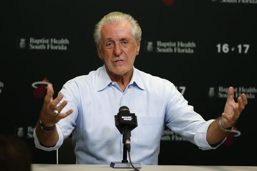 Miami Heat NBA basketball team president Pat Riley talks to the media during a season ending press conference in Miami, Wednesday, April 19, 2017. (David Santiago/El Nuevo Herald via AP)
