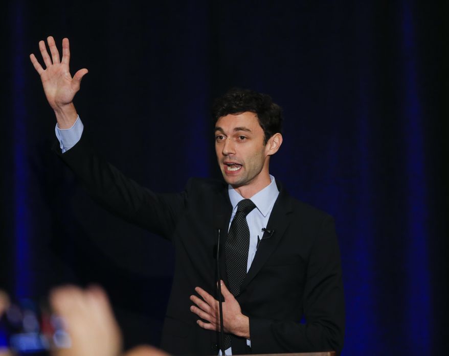 Democratic candidate for Georgia&#39;s 6th Congressional Seat Jon Ossoff speaks to supporters during an election-night watch party Tuesday, April 18, 2017, in Dunwoody, Ga. (AP Photo/John Bazemore) ** FILE **