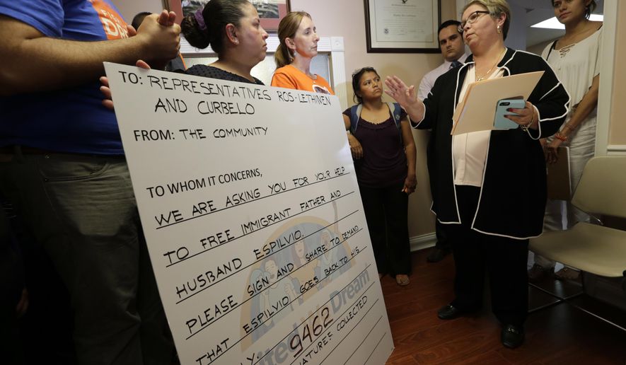 Immigrant rights groups present a petition asking lawmakers to help release a Nicaraguan asylum seeker, who was detained after a routine check-in with U.S. Immigration and Customs Enforcement in South Florida, at the office of Congresswoman Ileana Ros-Lehtinen, Wednesday, April 19, 2017, in Miami. At right is Ros-Lehtinen&#x27;s Chief of Staff Maytee Sanz. Espilvio Sanchez-Benavidez is slated for deportation even as he continues to appeal his case in federal court. (AP Photo/Lynne Sladky)