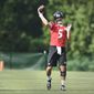 FILE - In this July 28, 2016, file photo, Baltimore Ravens quarterback Joe Flacco throws a pass during practice at the NFL football teams training camp in Owings Mills, Md. A year ago, Flacco was working his way back from knee surgery. Now fully healthy, Flacco is a full participant in the team&#x27;s offseason conditioning program. (AP Photo/Gail Burton, File)