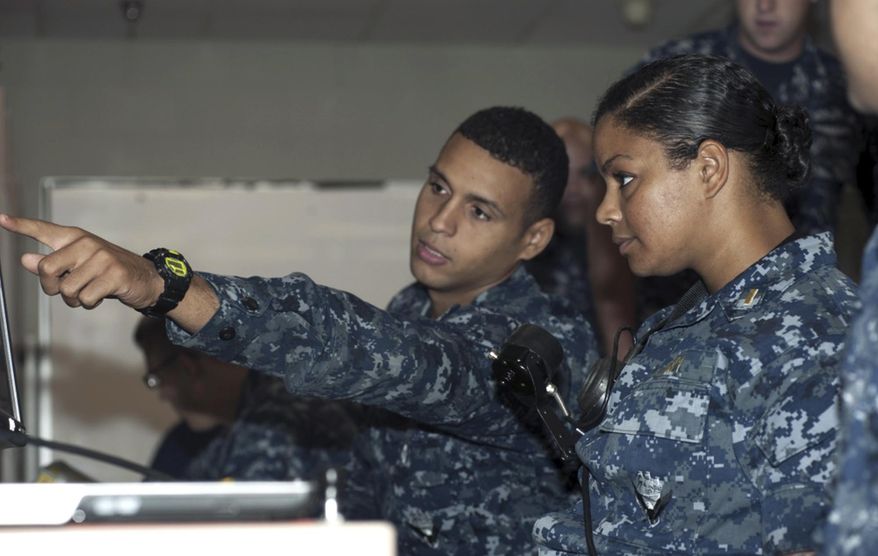 FILE - In this May 16, 2012, file photo, released by the U.S. Navy, Petty Officer 3rd Class DonPaul Mitchell, left, assigned to the guided-missile submarine USS Georgia, instructs Ensign Tabitha Strobel, Georgia's main propulsion assistant, in a trainer at Naval Submarine Base Kings Bay in Georgia. With women now serving on submarines, future subs are being built to specifically accommodate gender differences including height, reach and strength. The first vessel built with some of the new features is expected to be delivered in 2021. (James Kimber/U.S. Navy via AP, File)