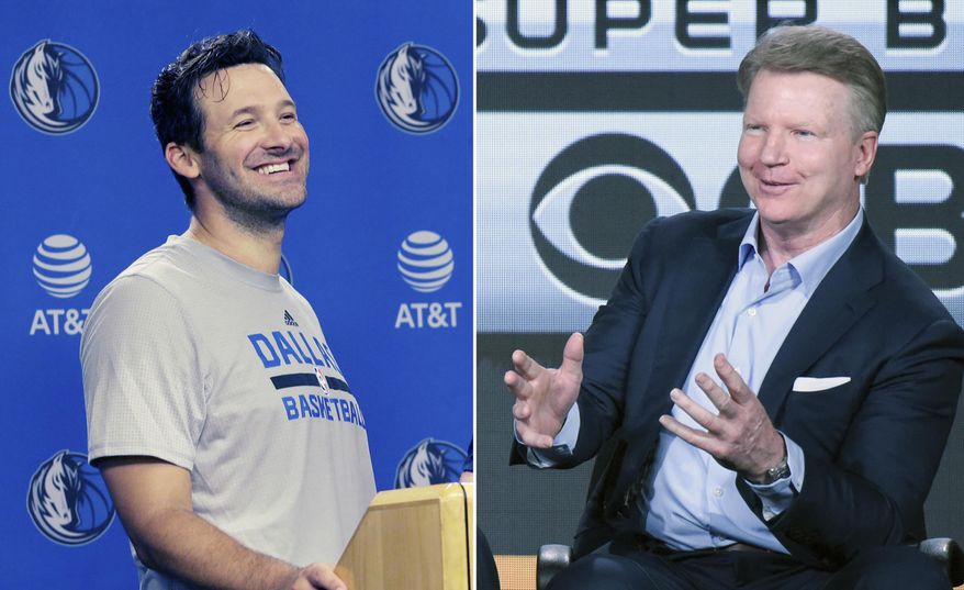 FILE - At left, in an April 11, 2017, file photo, former Dallas Cowboys quarterback Tony Romo laughs while speaking to reporters in Dallas. At right, in a Jan. 12, 2016, file photo, Phil Simms participates in the &amp;quot;CBS Sports&amp;quot; panel at the CBS 2016 Winter TCA, in Pasadena, Calif. Simms is heading to the studio as part of the CBS program “NFL Today.” Simms, recently replaced in the broadcast booth by Romo when the Cowboys quarterback retired from playing, has experience working in a studio setting with Showtime’s “Inside the NFL.” (AP Photo/File)
