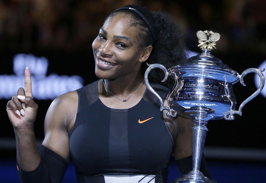 FILE - In this Jan. 28, 2017, file photo, Serena Williams holds up a finger and her trophy after defeating her sister, Venus, in the women&#x27;s singles final at the Australian Open tennis championships in Melbourne, Australia. A spokeswoman for Williams says the tennis star is pregnant. Kelly Bush Novak wrote in an email to The Associated Press on Wednesday, April 19, 2017: &amp;quot;I&#x27;m happy to confirm Serena is expecting a baby this Fall.&amp;quot;  Earlier in the day, Williams posted a photo of herself on the social media site Snapchat with the caption &amp;quot;20 weeks.&amp;quot; (AP Photo/Aaron Favila, File)