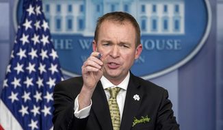 White House budget director Mick Mulvaney speaks at the White House on March 16, 2017. (Associated Press) **FILE**
