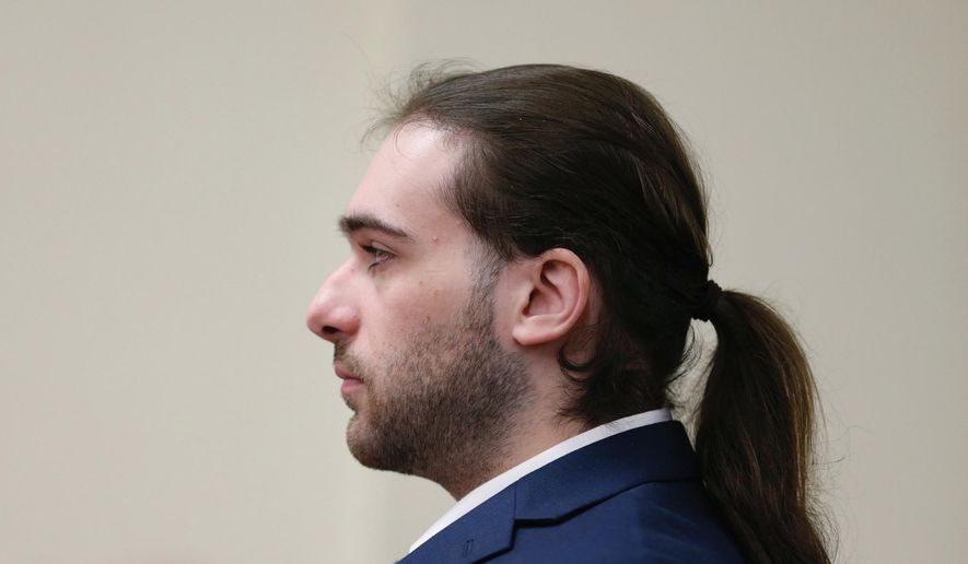 David "DJ" Creato Jr. listens as opening arguments begin in his trial Thursday, April 20, 2017, in Camden, N.J. Creato is accused of killing his 3-year-old son in October 2015 because he allegedly was an impediment to his relationship with a teenage girlfriend. (David Maialetti /The Philadelphia Inquirer via AP)