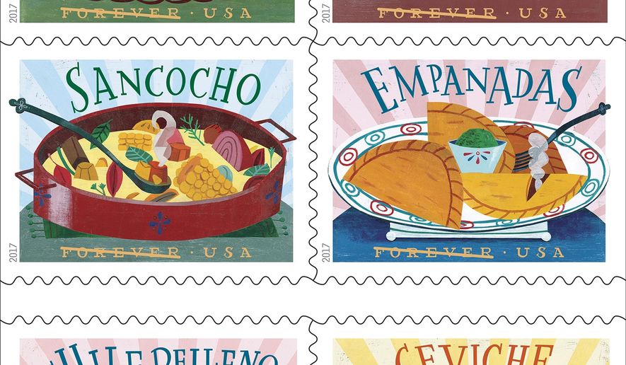 In this undated image provided by U.S. Postal Service shows six new stamps that The U.S. Postal Service is releasing. The tiny works of art are dedicated to the influence of Mexican, Central and South American and Caribbean foods and flavors on American cuisine. The dedication ceremony for the Delicioso Forever Stamps is being held Thursday, April 20, 2017 at the National Hispanic Cultural Center in Albuquerque, N.M. (U.S. Postal Service via AP)