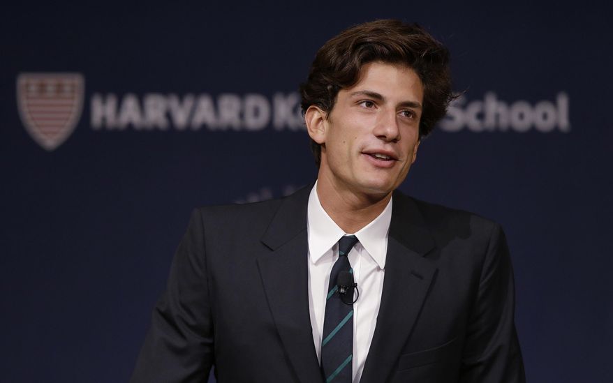 John Bouvier Kennedy Schlossberg, Caroline Kennedy's son and President John F. Kennedy's grandson, opens a panel discussion during the John F. Kennedy Centennial Symposium at the Harvard Kennedy School, Thursday, April 20, 2017, in Cambridge, Mass. The symposium honors the 100th anniversary of President Kennedy's birth focusing on the former president's most important priorities and how they remain relevant today. (AP Photo/Stephan Savoia)