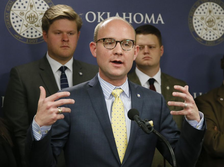 FILE - In this April 6, 2017 file photo, Oklahoma state Rep. Scott Inman, D-Oklahoma City, speaks during a news conference in Oklahoma City. Inman said Thursday, April, 20, 2017, that he will run for Oklahoma governor next year after serving as the leader of the House Democratic caucus for seven years. Two-term Republican governor Mary Fallin is term limited and cannot seek re-election (AP Photo/Sue Ogrocki File)