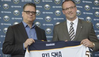 FILE - In this May 28, 2015, file photo, Buffalo Sabres GM Tim Murray, left, and newly hired coach Dan Bylsma hold a Sabres&#39; jersey as they pose for a photo after a news conference in Buffalo, N.Y.  The Sabres have fired general manager Tim Murray and coach Dan Bylsma after the youthful team missed the playoffs for a sixth consecutive season. Owner Terry Pegula made the announcement Thursday, April 20, 2017. (AP Photo/Gary Wiepert, File)
