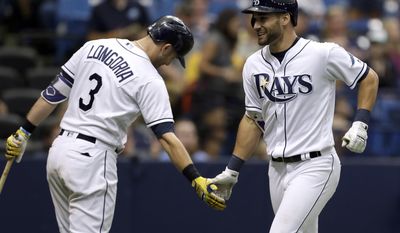 Tampa Bay Rays' Kevin Kiermaier, right, slaps hands with on-deck batter Evan Longoria after hitting a home run off Detroit Tigers' Warwick Saupold during the seventh inning of a baseball game Thursday, April 20, 2017, in St. Petersburg, Fla. (AP Photo/Chris O'Meara)