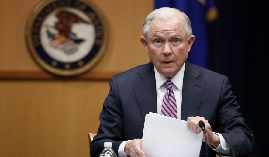 In this April 18, 2017 file photo Attorney General Jeff Sessions prepares to speak before a meeting of the Attorney General's Organized Crime Council and Organized Crime Drug Enforcement Task Forces (OCDETF) Executive Committee to discuss implementation of the President's Executive Order 13773, at the Department of Justice in Washington. Hawaii's Democratic lawmakers are criticizing Attorney General Jeff Sessions after he expressed amazement on a radio show that a "judge sitting on an island in the Pacific" could stop the president's travel ban. U.S. Sen. Mazie Hirono on Thursday tried to give Sessions a civics lesson on Twitter, saying Hawaii has been a U.S. state for 58 years. (AP file Photo/Alex Brandon)